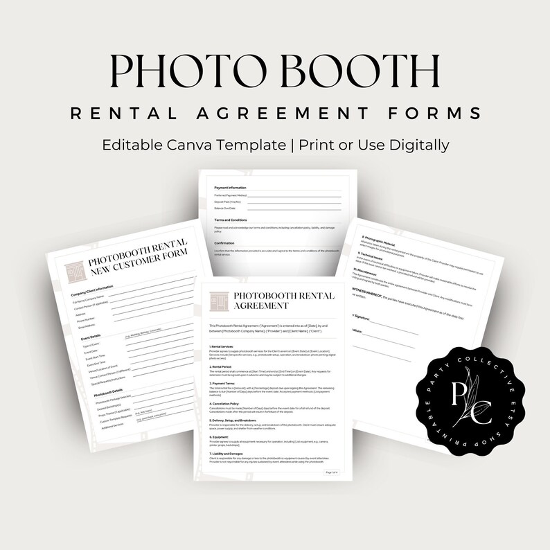 Photo Booth Rental Contract Canva Template, Editable Photo Booth Rental