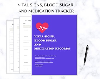 Blood pressure log , blood sugar record, medication log, blood pressure chart, diabetic tracker, blood pressure tracker, medication tracker