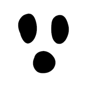 May include: A simple graphic of a ghost face on a white background. Two black oval shapes are positioned as eyes, with a larger, round black shape below for the mouth. Ideal for Halloween-themed designs or decorations.