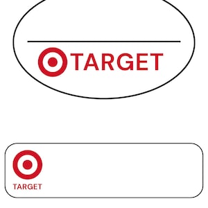 May include: Two white rectangular and oval-shaped labels featuring the word "TARGET" in red, alongside the Target logo. The logo is a red bullseye. The text is in a bold, sans-serif font.