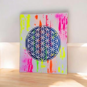 50 x 40 cm Flower of Life artwork &quot;High Vibe&quot; in blue glitter on neon colors | Unique energy image & one-of-a-kind | Handmade