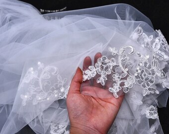 Wedding Veil Soft Single Tier Lace Edge Bridal Veil Wedding Long Ivory Thin Scallop Lace Embroidered Sequins