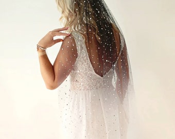 Ombre Stars Night Sky Bridal Wedding Veils Short Fingertip Black Grey Silver Moon Starry Shining Sparkly For Brides