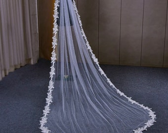 Wedding Veil Beading Pearl Veils Cathedral Length Lace Edge 1 Tier Bridal Veil High Quality White Ivory Long Veil