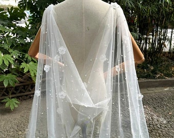 Cathedral Cape Beaded Floral Flowers Embroidered Bridal Cape 3D Floral Wedding Church Shoulder Veil White Flower Veil