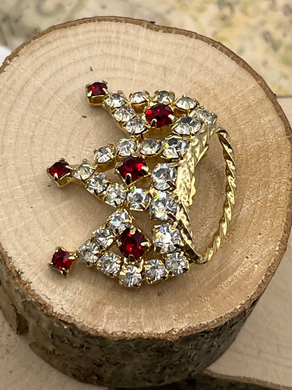 Vintage Clear & Red Rhinestone Gold-Tone Crown Br… - image 9