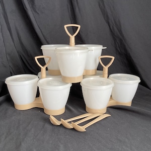 Vintage Tupperware Condiment Caddy Trio Stand, Tan Base, Cups and