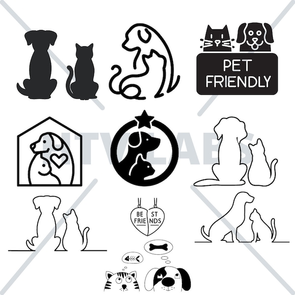 Cat and Dog Love SVG Bundle Digital Download Cut File for Cricut, Silhouette, Clipart, Layered Files, Svg, Png