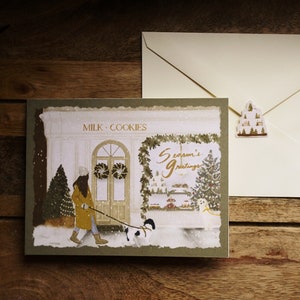Milk & Cookies Bake Shop - Carte de Noël physique avec enveloppe et autocollant pour gâteau des Fêtes | carte de correspondance vierge | Boutique de Noël