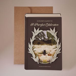Guide félin pour une célébration parfaite, carte inspirée d'un livre sur le thème des chats pour un anniversaire ou une occasion spéciale, idéale pour les amateurs de littérature