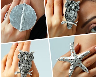 Silver owl, starfish and nail patterned ring,owl silver jewelry,flash silver jewelry,round studded ring,bold ethnic jewelry,owl silver ring
