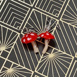 Toadstool Earrings || Red and White Spotted Mushroom Resin Dangle Earrings