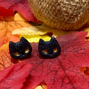 Sparkling Black Cat Studs || Black Cat Halloween Spooky Stud Earrings