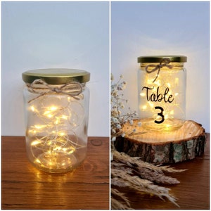 Wedding jars with lights and twine bow, Rustic table numbers, Fairytale rustic barn wedding, Boho, Mason jar centrepiece, fairy lights