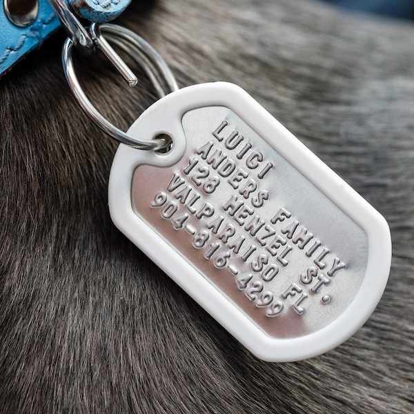 Dog Tags for Dogs - literally! Dog ID tags, Pet ID Tag, Dog name tag, Custom pet tag, Dog collar tag. Military style, tough and quiet