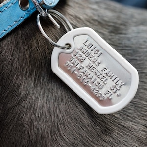 Dog Tags for Dogs literally Dog ID tags, Pet ID Tag, Dog name tag, Custom pet tag, Dog collar tag. Military style, tough and quiet Bianco
