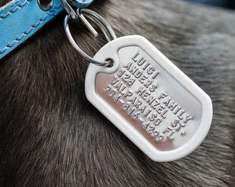 Dog Tags for Dogs - literally! Dog ID tags, Pet ID Tag, Dog name tag, Custom pet tag, Dog collar tag. Military style, tough and quiet