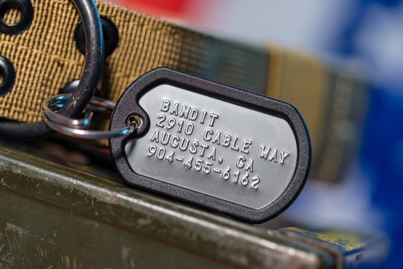 K&ouml;nnte beinhalten: Ein silbernes Hundehalsband mit schwarzem Rand, graviert mit dem Text "BANDIT 2910 CABLE WAY AUGUSTA, GA 904-455-6162".