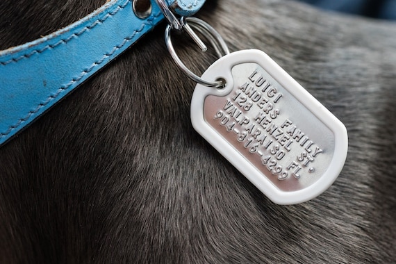 Dog Tags for Dogs - literally! Dog ID tags, Pet ID Tag, Dog name tag, Custom pet tag, Dog collar tag. Military style, tough and quiet
