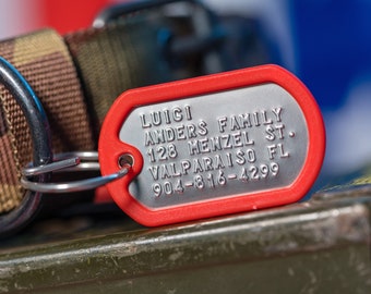 Dog Tags for Dogs, Pet ID tags based on US military tags, customized with your details. Stainless steel and virtually indestructible