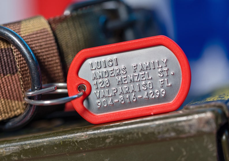 Dog Tags for Dogs literally Dog ID tags, Pet ID Tag, Dog name tag, Custom pet tag, Dog collar tag. Military style, tough and quiet Rosso