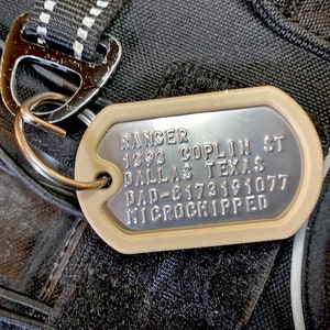 Dog Tags for Dogs, Dog ID tags, Pet ID Tag, Dog name tag, Custom pet tag, Dog collar tag. Military style, tough and quiet, non-slip silencer Tan <-- Ltd Edition