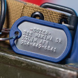 Dog Tags for Dogs, Dog ID tags, Pet ID Tag, Dog name tag, Custom pet tag, Dog collar tag. Military style, tough and quiet, non-slip silencer Blue