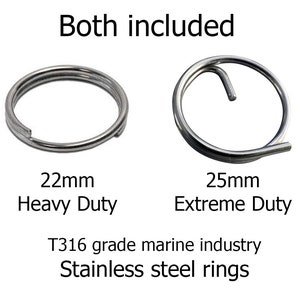 K&ouml;nnte beinhalten: Zwei Schl&uuml;sselringe aus Edelstahl, einer 22 mm stark und einer 25 mm extrem stark. Beide Ringe sind aus T316-Edelstahl in Marinequalit&auml;t.