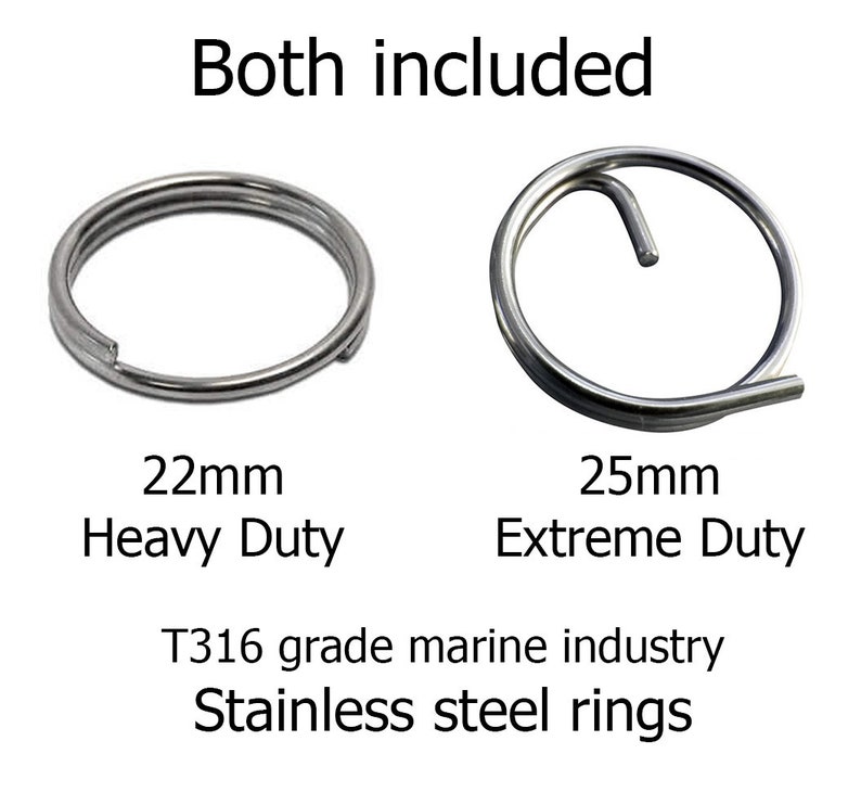 K&ouml;nnte beinhalten: Zwei Schl&uuml;sselringe aus Edelstahl, einer 22 mm stark und einer 25 mm extrem stark. Beide Ringe sind aus T316-Edelstahl in Marinequalit&auml;t.