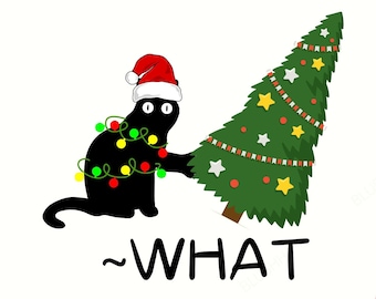 Schwarze Katze schieben Baum SVG, Weihnachten schwarze Katze lustiges svg, was lustiges Clipart, Weihnachtsbaum, Weihnachtstiere Haustiere cutfile, Katzenliebhaber png