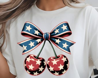 America Cherries Bow png, July 4th png, 4th Of July png, Cherry Coquette Bow png, Patriotic USA Flag png, Aesthetic Red And Blue png, USA