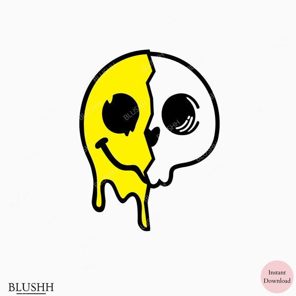 Melting smiley skull SVG PNG | Retro dripping happy face | Preppy smiley skull SVG cricut | Yellow distorted smiley | Trendy shirts mug png