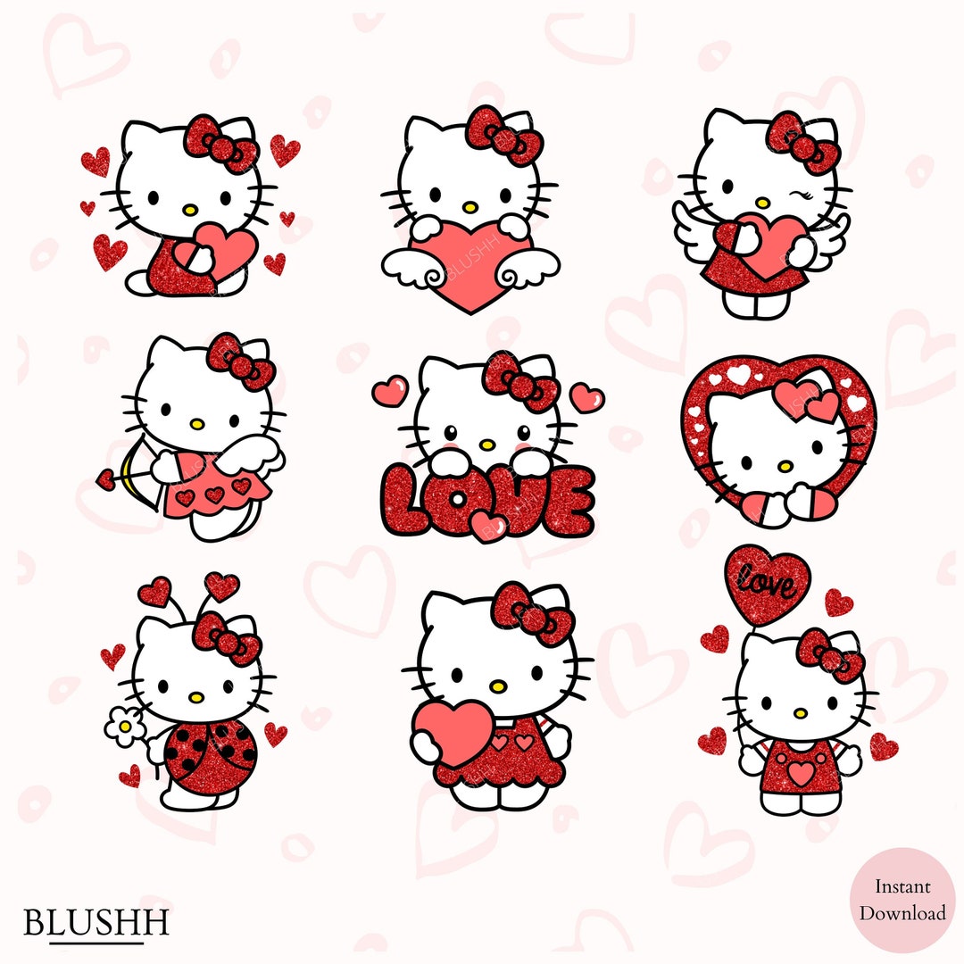 Kawaii Kitty Png Bundle, Faux Glitter Kitty With Heart, Hello Cats