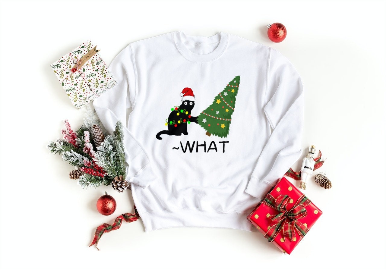 T-shirt Humour Chat Noir Et Sapin De Noël - Marque Gildan - Plusieurs Tailles Disponibles