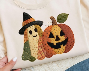 Patchwork Ghost Pumpkin png, Vintage Halloween Patchwork png, Spooky Fall png, Autumn Season Vibe png, Floral Fall Ghost png, Jack O Lantern