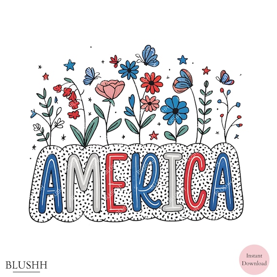 Retro Floral America png, 4th Of July png, America Independence Day png, Patriotic Memorial Day png, Girly USA png, American Girl png, USA