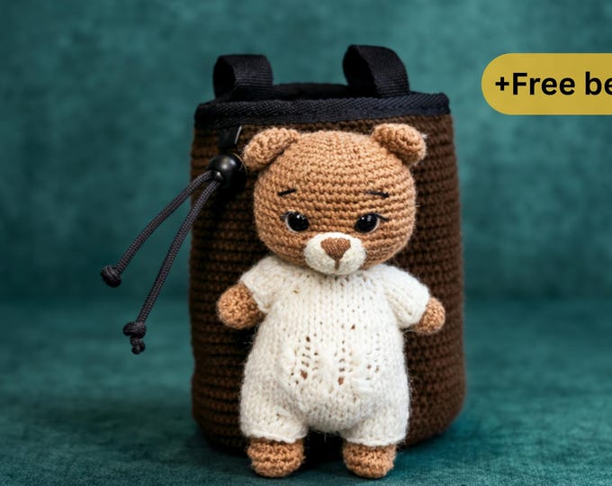 Handmade Crochet Teddy Bear Climbing Chalk Bag