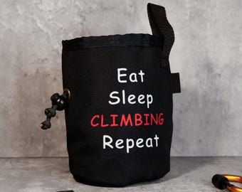 Eat Sleep Climb Repeat Chalk Bag, Black Canvas Rock Climbing Bag