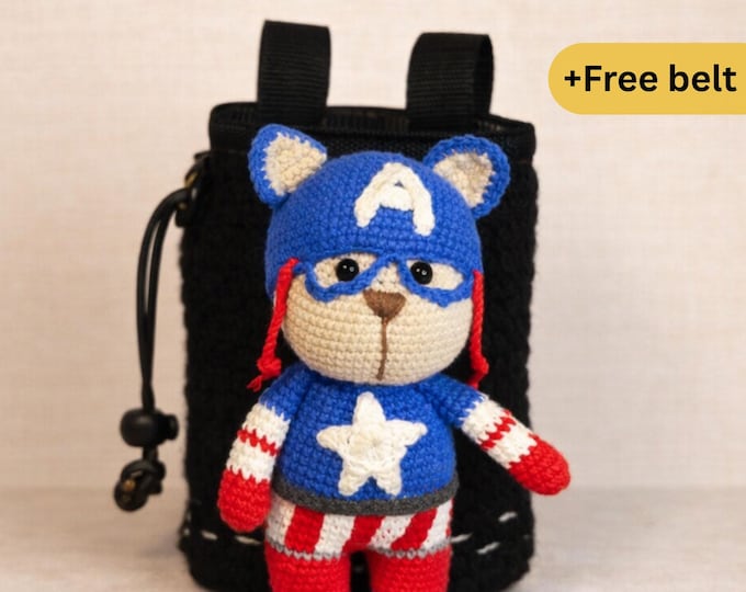 Captain Bear Chalk Bag | Handmade Superhero Crochet Climbing Bag | Marvel-Inspired Gift for Climbers