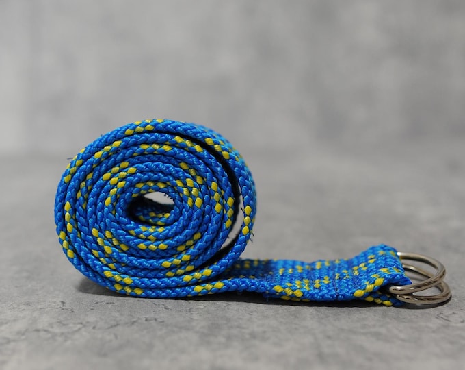 Handmade Blue & Yellow Climbing Rope Belt, Upcycled Unisex Adventure Belt