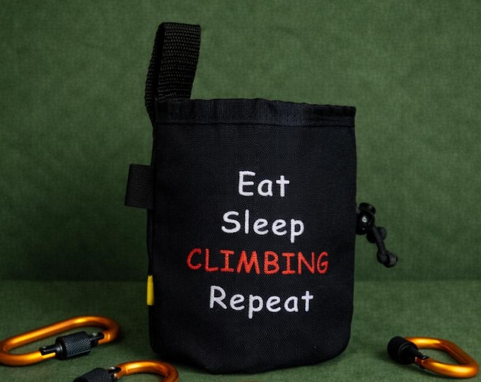 Eat Sleep Climb Repeat Chalk Bag, Black Canvas Rock Climbing Bag