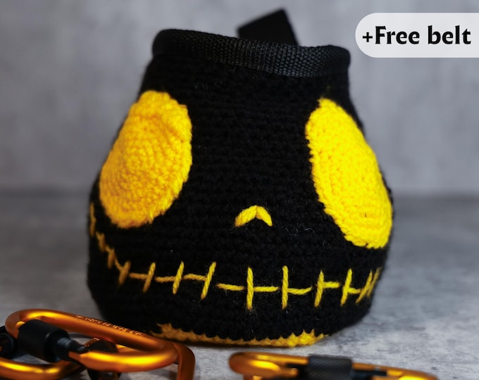 Yellow Jack Skellington Chalk Bag | Handmade Halloween Climbing Bag | Spooky Crochet Chalk Holder with Bold Contrast