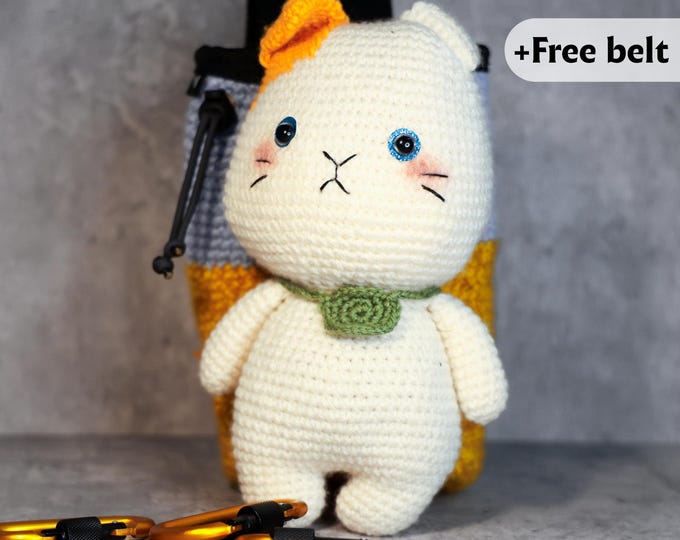 Kawaii Cat Chalk Bag | Handmade Crochet Climbing Bag | Cute & Sad Kitty Gift for Climbers