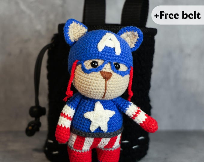 Captain Bear Chalk Bag | Handmade Superhero Crochet Climbing Bag | Marvel-Inspired Gift for Climbers