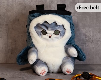 Plush Shark Cat Chalk Bag for Climbing – Handmade Unique Chalk Bag with Drawstring Closure – Cute Gift for Climbers
