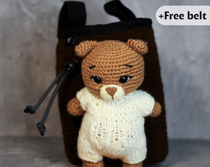 Teddy Bear Chalk Bag | Handmade Crochet Climbing Bag with Baby Bear Plush | Cozy & Cute Gift for Climbers