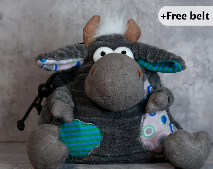 Patchwork Bull Chalk Bag | Handmade Plush Cow Chalk Bag | Fun Climbing Accessory with Colorful Ears
