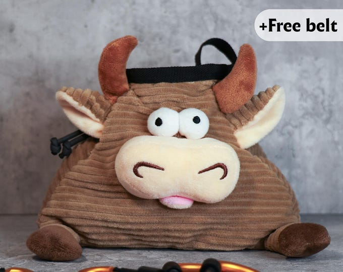 Bull Chalk Bag | Handmade Plush Climbing Bag | Quirky Corduroy Chalk Holder with Horns
