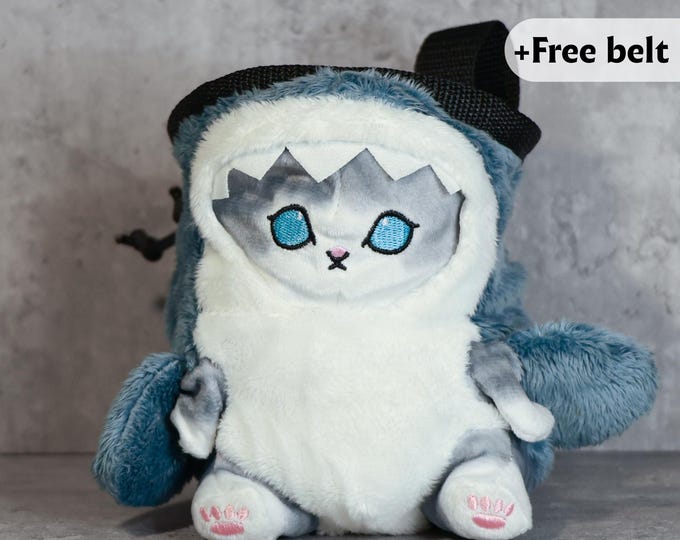 Shark Kitty Chalk Bag | Plush Handmade Climbing Chalk Holder | Cute Cat in Shark Costume for Bouldering Fans