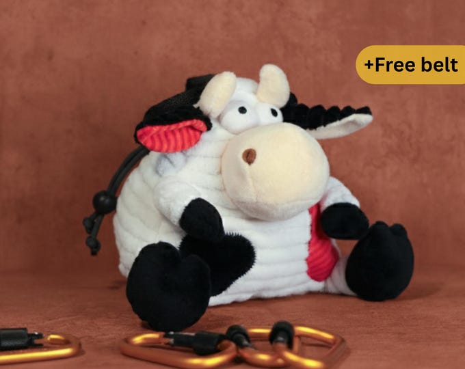 Cow Chalk Bag | Handmade Plush Moo Bag | Soft Corduroy Climbing Accessory with Funny Ears